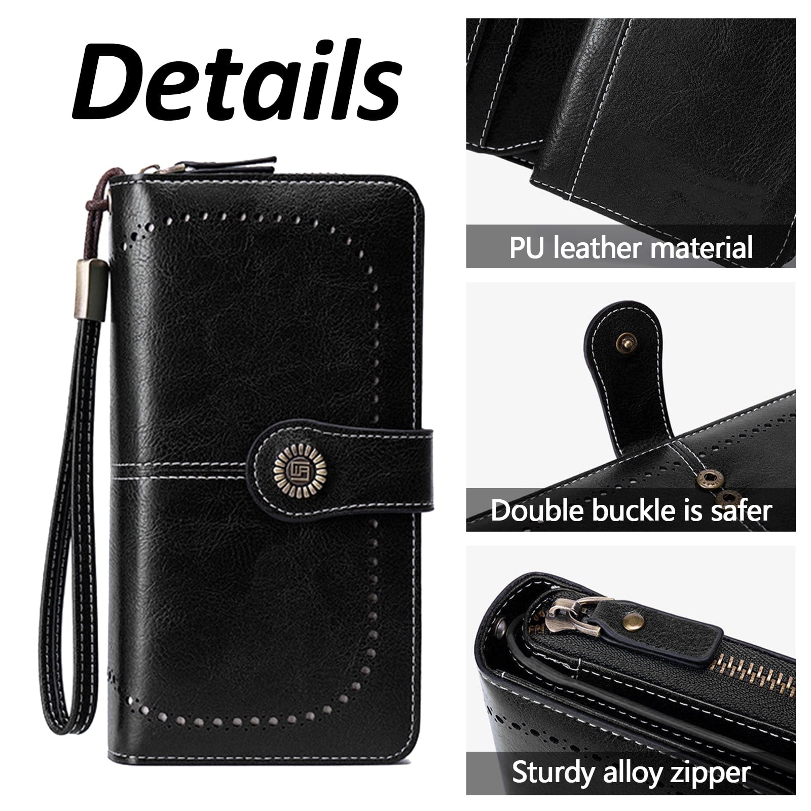Leather Wallet Women Rfid Blocking Large Capacity, Zip Around Long Wallet - Pu Phone Clutch Purse, Trifold Ladies Wallets Coins Zipper Pocket with Id Window, Card Holder Wristlet Black