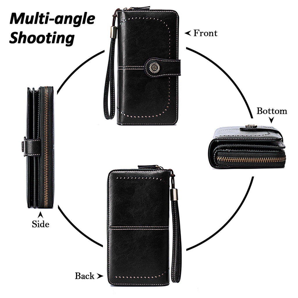 Leather Wallet Women Rfid Blocking Large Capacity, Zip Around Long Wallet - Pu Phone Clutch Purse, Trifold Ladies Wallets Coins Zipper Pocket with Id Window, Card Holder Wristlet Black