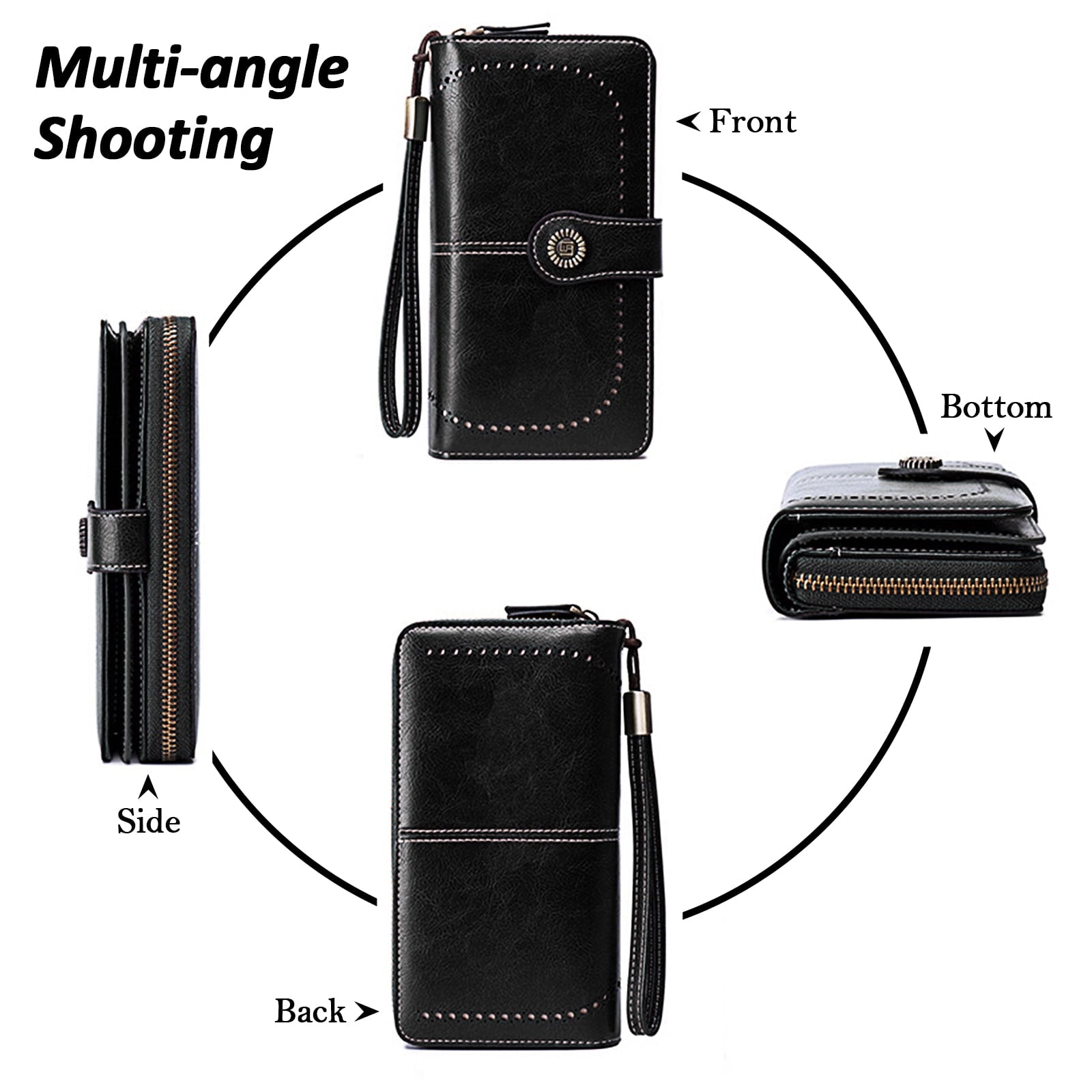 Leather Wallet Women Rfid Blocking Large Capacity, Zip Around Long Wallet - Pu Phone Clutch Purse, Trifold Ladies Wallets Coins Zipper Pocket with Id Window, Card Holder Wristlet Black