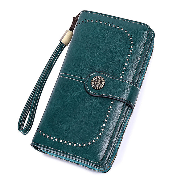 Leather Wallet Women Rfid Blocking Large Capacity, Zip Around Long Wallet - Pu Phone Clutch Purse, Trifold Ladies Wallets Coins Zipper Pocket with Id Window, Card Holder Wristlet, Black Blue