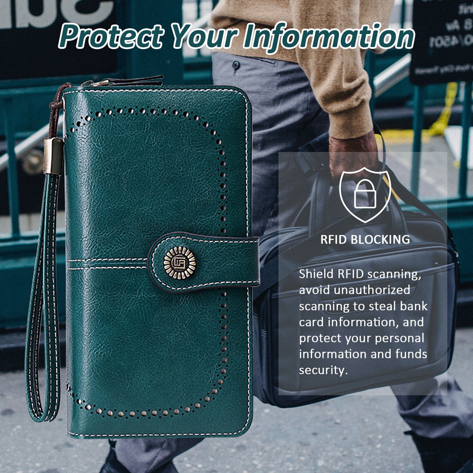 Leather Wallet Women Rfid Blocking Large Capacity, Zip Around Long Wallet - Pu Phone Clutch Purse, Trifold Ladies Wallets Coins Zipper Pocket with Id Window, Card Holder Wristlet, Black Blue