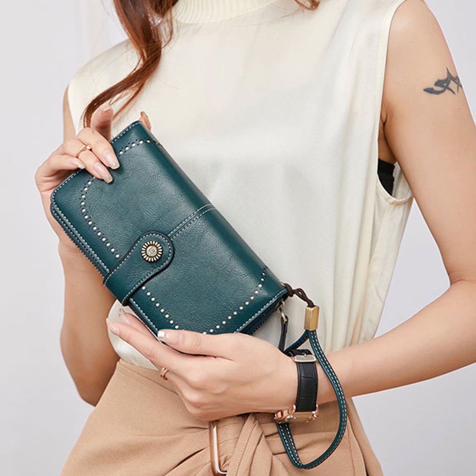 Leather Wallet Women Rfid Blocking Large Capacity, Zip Around Long Wallet - Pu Phone Clutch Purse, Trifold Ladies Wallets Coins Zipper Pocket with Id Window, Card Holder Wristlet, Black Blue