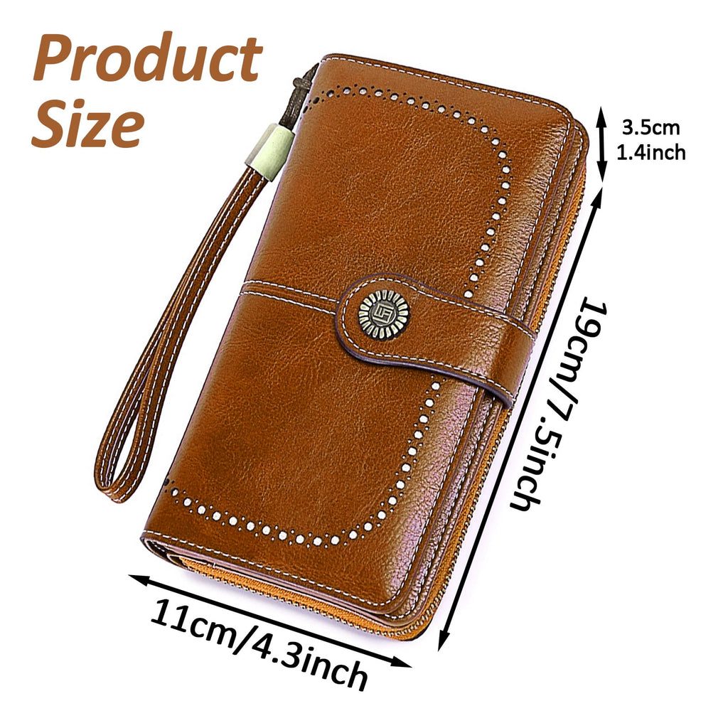 Leather Wallet Women Rfid Blocking Large Capacity, Zip Around Long Wallet - Pu Phone Clutch Purse, Trifold Ladies Wallets Coins Zipper Pocket with Id Window, Card Holder Wristlet, Black Brown