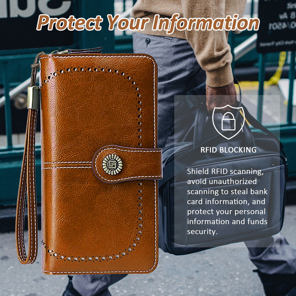 Leather Wallet Women Rfid Blocking Large Capacity, Zip Around Long Wallet - Pu Phone Clutch Purse, Trifold Ladies Wallets Coins Zipper Pocket with Id Window, Card Holder Wristlet, Black Brown