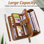Leather Wallet Women Rfid Blocking Large Capacity, Zip Around Long Wallet - Pu Phone Clutch Purse, Trifold Ladies Wallets Coins Zipper Pocket with Id Window, Card Holder Wristlet, Black Brown