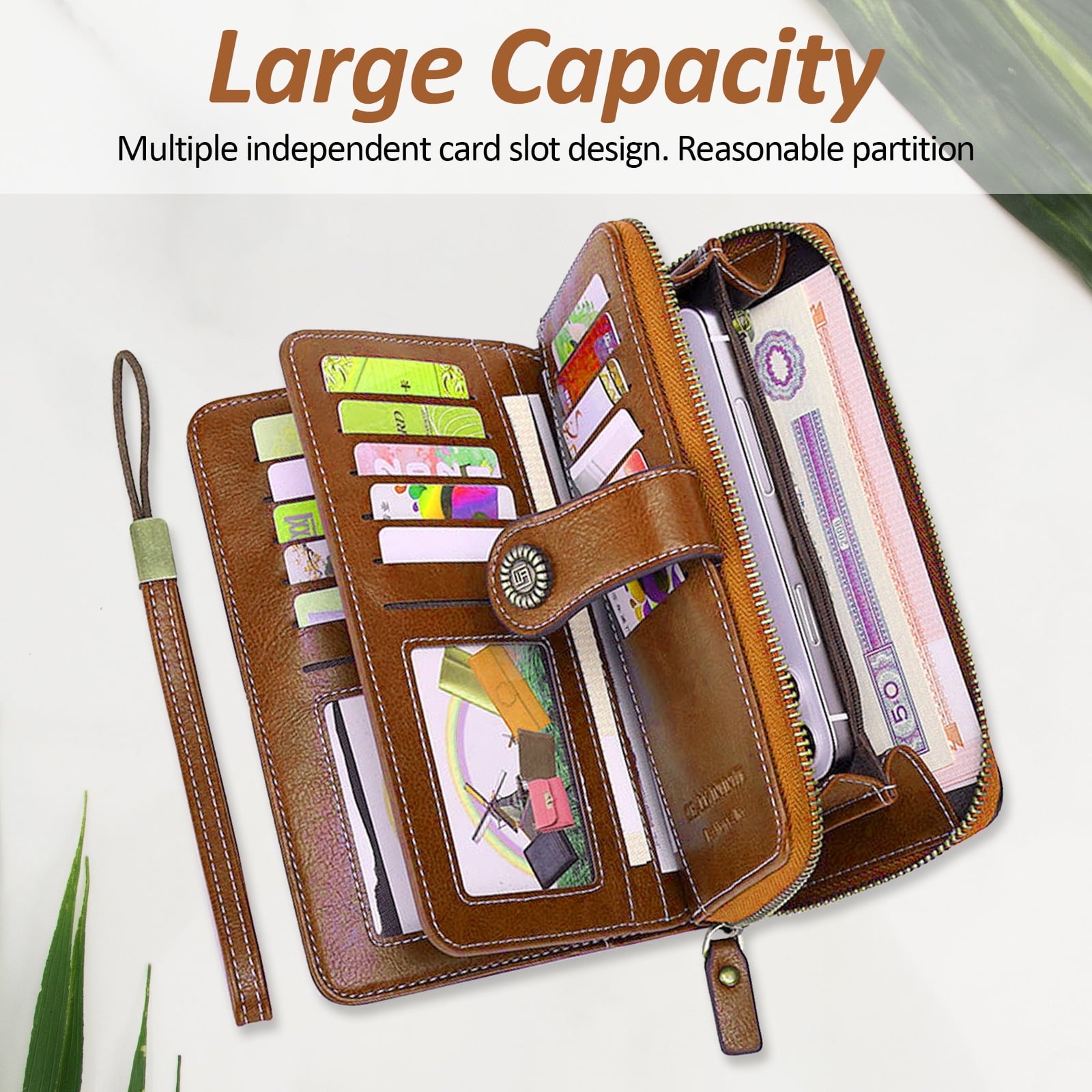 Leather Wallet Women Rfid Blocking Large Capacity, Zip Around Long Wallet - Pu Phone Clutch Purse, Trifold Ladies Wallets Coins Zipper Pocket with Id Window, Card Holder Wristlet, Black Brown