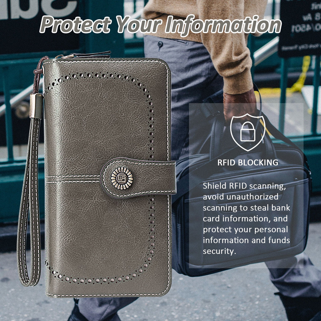 Leather Wallet Women Rfid Blocking Large Capacity, Zip Around Long Wallet - Pu Phone Clutch Purse, Trifold Ladies Wallets Coins Zipper Pocket with Id Window, Card Holder Wristlet, Black Gray