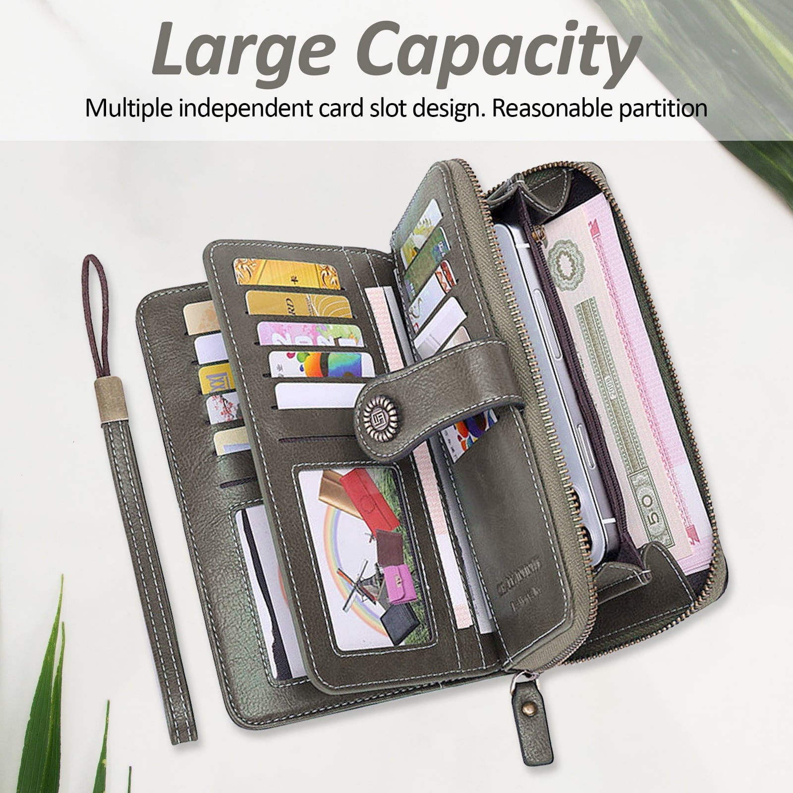 Leather Wallet Women Rfid Blocking Large Capacity, Zip Around Long Wallet - Pu Phone Clutch Purse, Trifold Ladies Wallets Coins Zipper Pocket with Id Window, Card Holder Wristlet, Black Gray