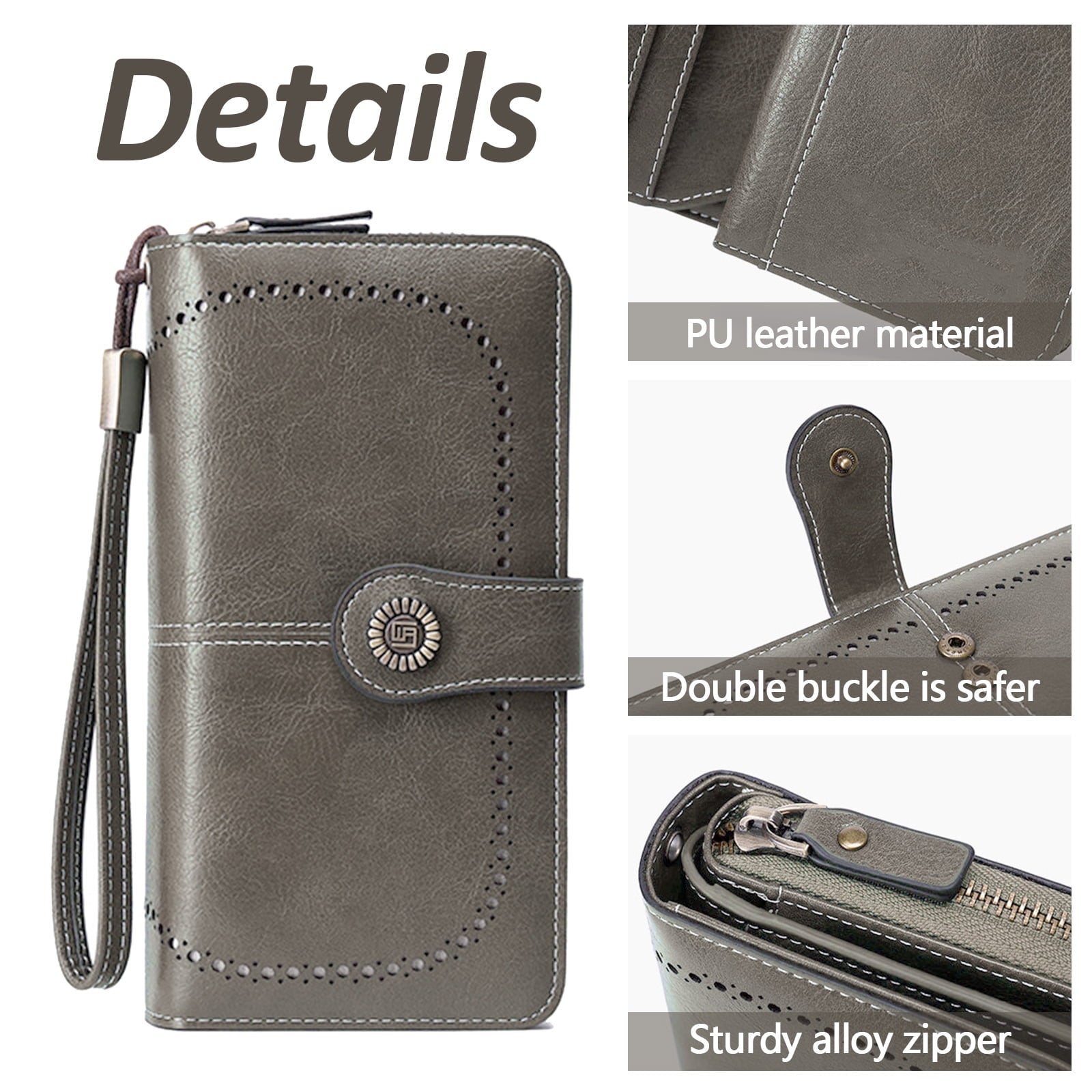 Leather Wallet Women Rfid Blocking Large Capacity, Zip Around Long Wallet - Pu Phone Clutch Purse, Trifold Ladies Wallets Coins Zipper Pocket with Id Window, Card Holder Wristlet, Black Gray