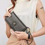 Leather Wallet Women Rfid Blocking Large Capacity, Zip Around Long Wallet - Pu Phone Clutch Purse, Trifold Ladies Wallets Coins Zipper Pocket with Id Window, Card Holder Wristlet, Black Gray
