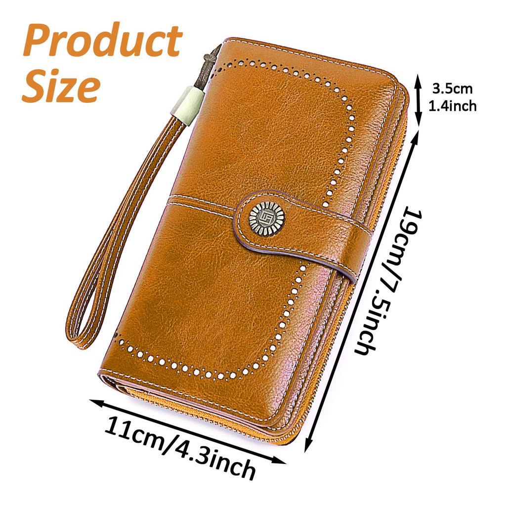 Leather Wallet Women Rfid Blocking Large Capacity, Zip Around Long Wallet - Pu Phone Clutch Purse, Trifold Ladies Wallets Coins Zipper Pocket with Id Window, Card Holder Wristlet, Black Yellow