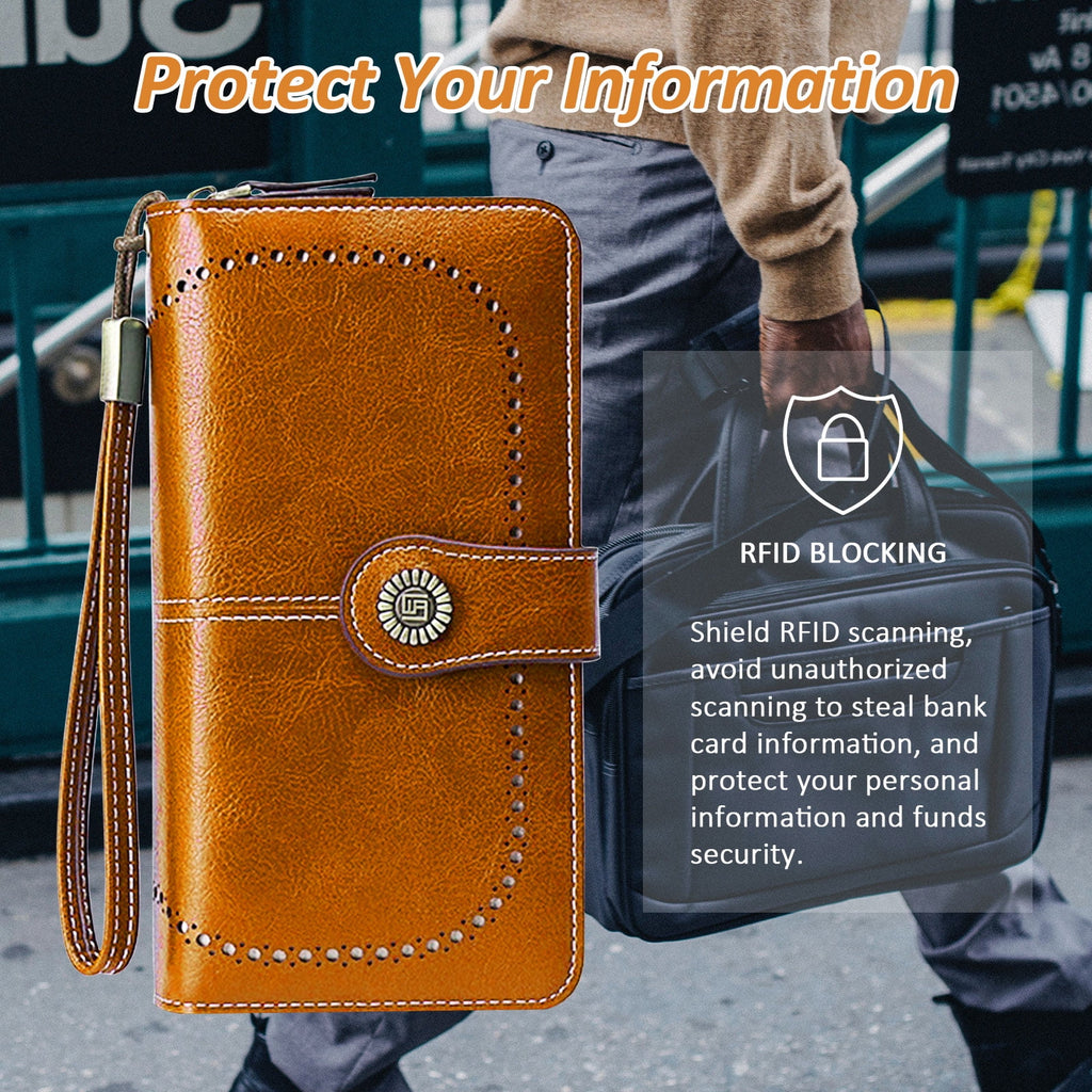 Leather Wallet Women Rfid Blocking Large Capacity, Zip Around Long Wallet - Pu Phone Clutch Purse, Trifold Ladies Wallets Coins Zipper Pocket with Id Window, Card Holder Wristlet, Black Yellow