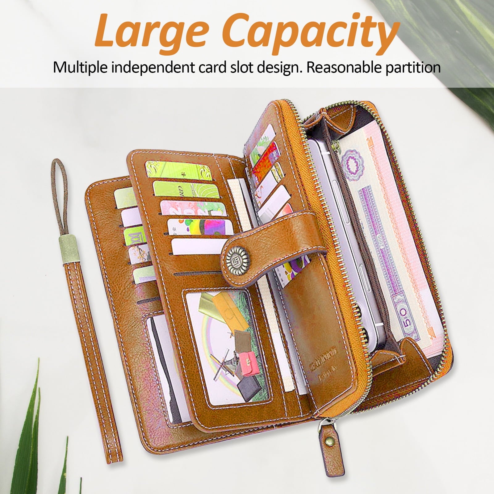 Leather Wallet Women Rfid Blocking Large Capacity, Zip Around Long Wallet - Pu Phone Clutch Purse, Trifold Ladies Wallets Coins Zipper Pocket with Id Window, Card Holder Wristlet, Black Yellow