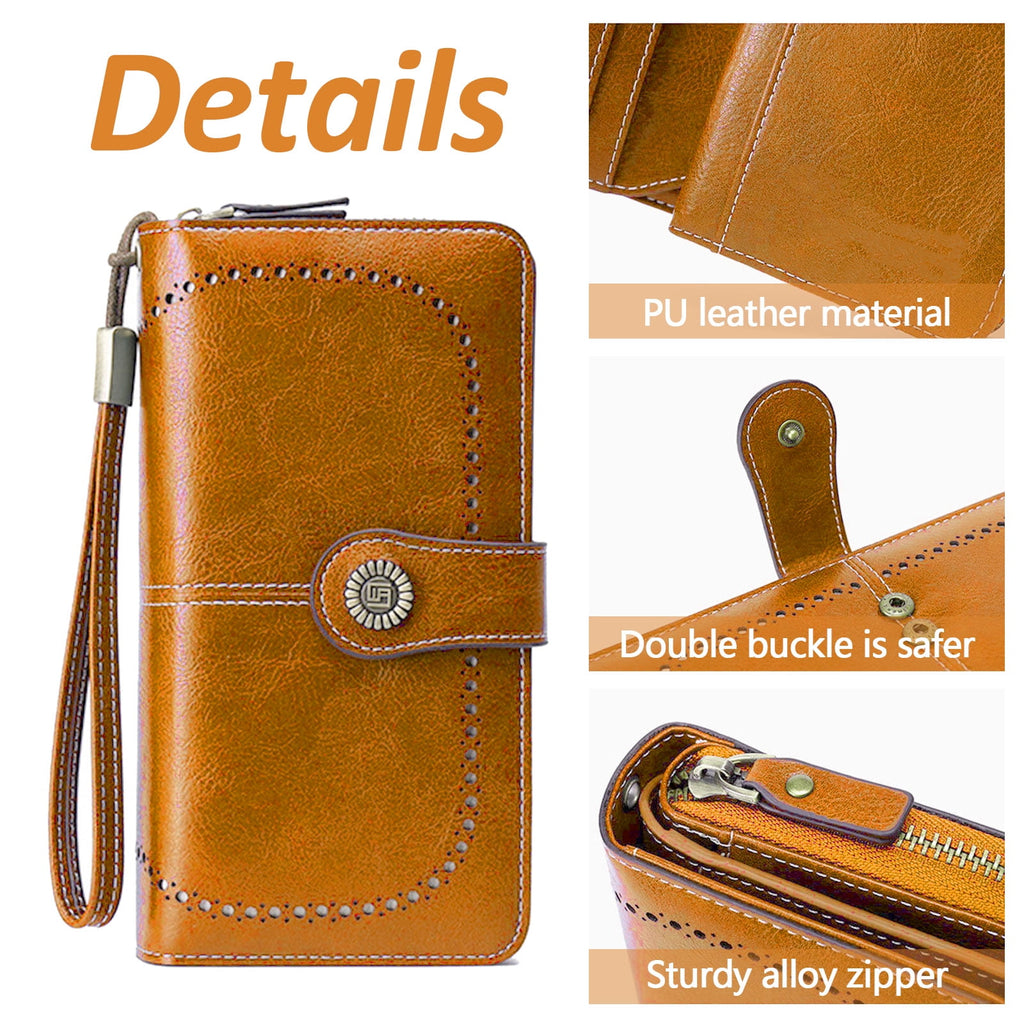Leather Wallet Women Rfid Blocking Large Capacity, Zip Around Long Wallet - Pu Phone Clutch Purse, Trifold Ladies Wallets Coins Zipper Pocket with Id Window, Card Holder Wristlet, Black Yellow
