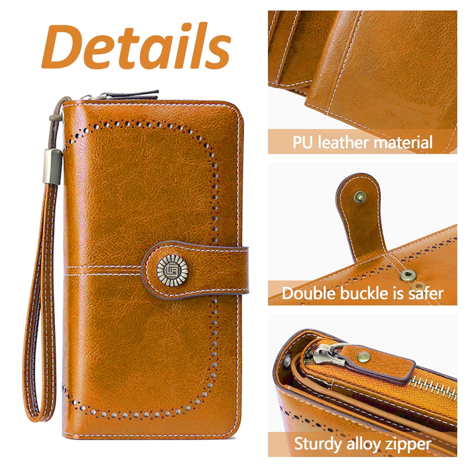 Leather Wallet Women Rfid Blocking Large Capacity, Zip Around Long Wallet - Pu Phone Clutch Purse, Trifold Ladies Wallets Coins Zipper Pocket with Id Window, Card Holder Wristlet, Black Yellow