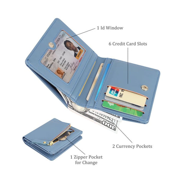 Leather Wallet for Women Small Leather Wallet Rfid Blocking Credit Card Holder Ladies Purse Zipper Pocket Wallet for Women Girls Blue/Grey, School Supplies: Business Card Holder Z-Blue
