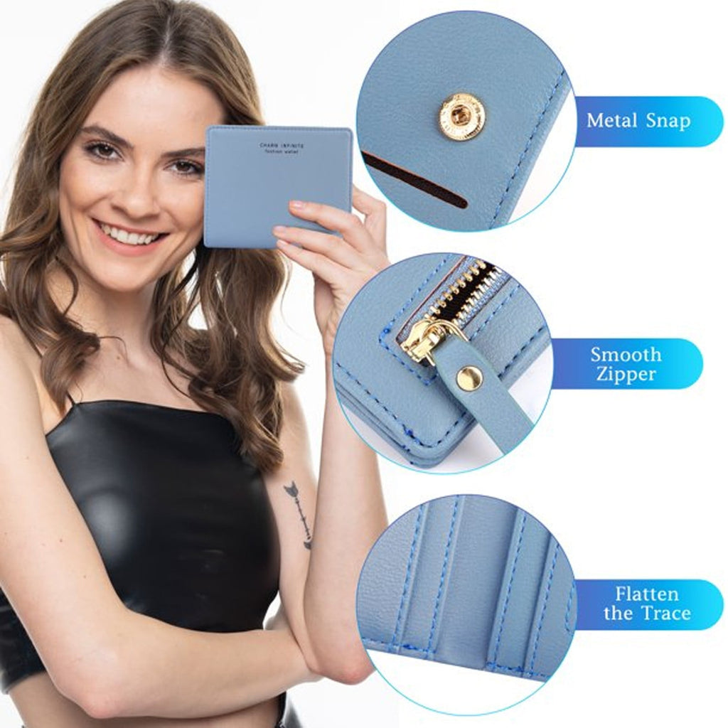 Leather Wallet for Women Small Leather Wallet Rfid Blocking Credit Card Holder Ladies Purse Zipper Pocket Wallet for Women Girls Blue/Grey, School Supplies: Business Card Holder Z-Blue