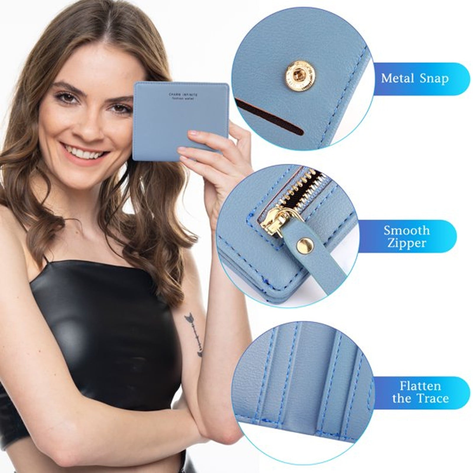Leather Wallet for Women Small Leather Wallet Rfid Blocking Credit Card Holder Ladies Purse Zipper Pocket Wallet for Women Girls Blue/Grey, School Supplies: Business Card Holder Z-Blue