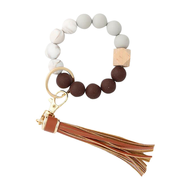 JWDX Ring, Hangs Clearance! Silicone Key Ring Bracelet, Women Beaded Bangle Keychain Wristlet Leather Tassel F A