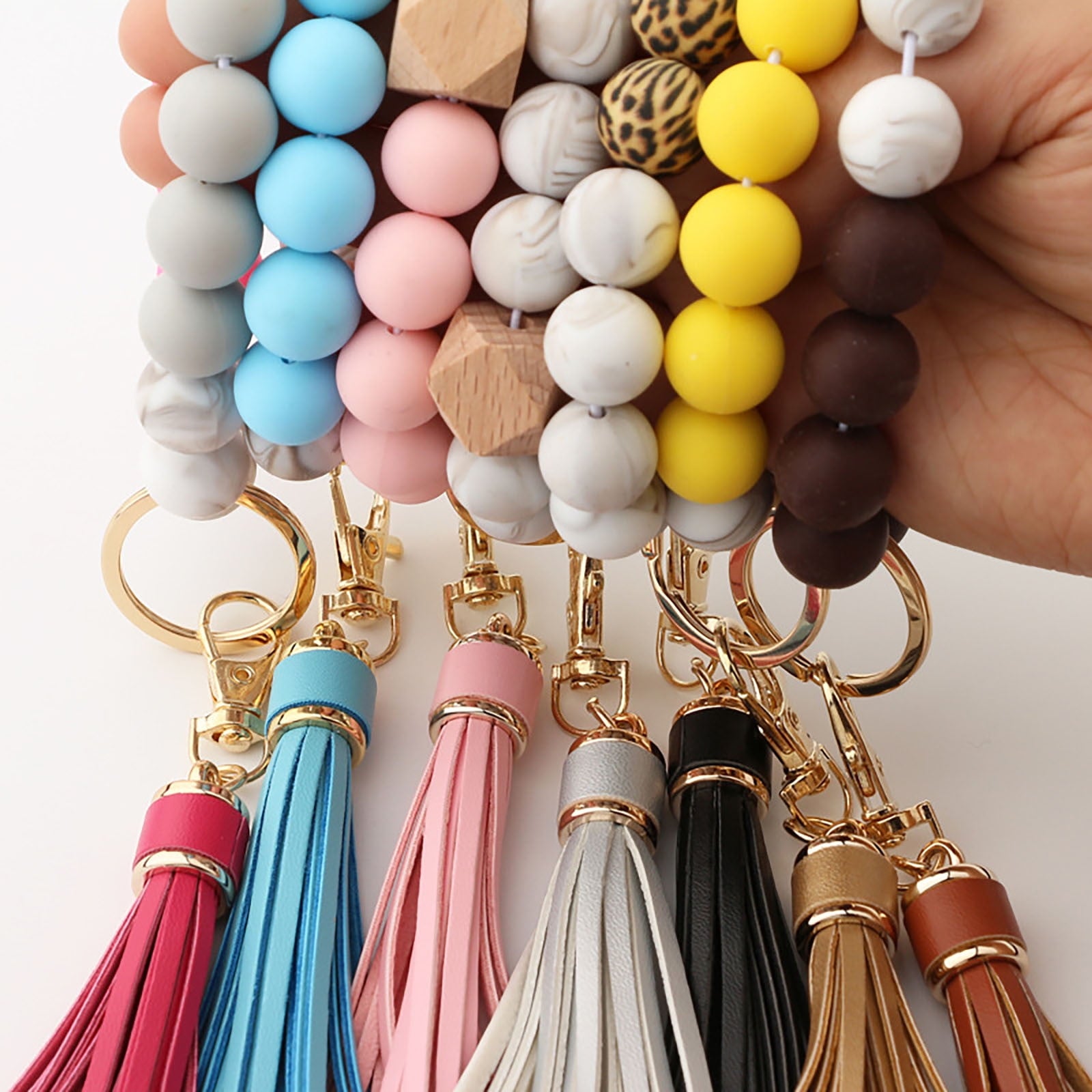 JWDX Ring, Hangs Clearance! Silicone Key Ring Bracelet, Women Beaded Bangle Keychain Wristlet Leather Tassel F A