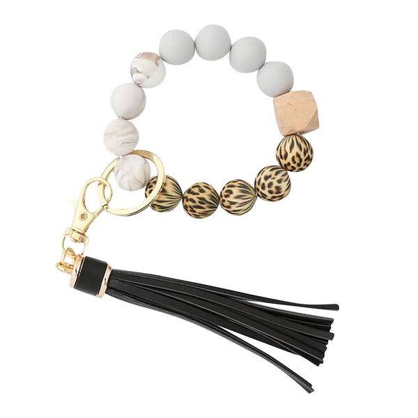 JWDX Ring, Hangs Clearance! Silicone Key Ring Bracelet, Women Beaded Bangle Keychain Wristlet Leather Tassel F