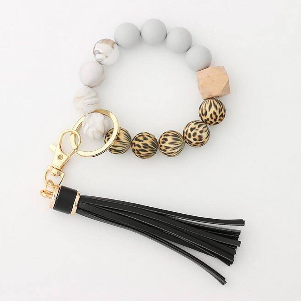 JWDX Ring, Hangs Clearance! Silicone Key Ring Bracelet, Women Beaded Bangle Keychain Wristlet Leather Tassel F