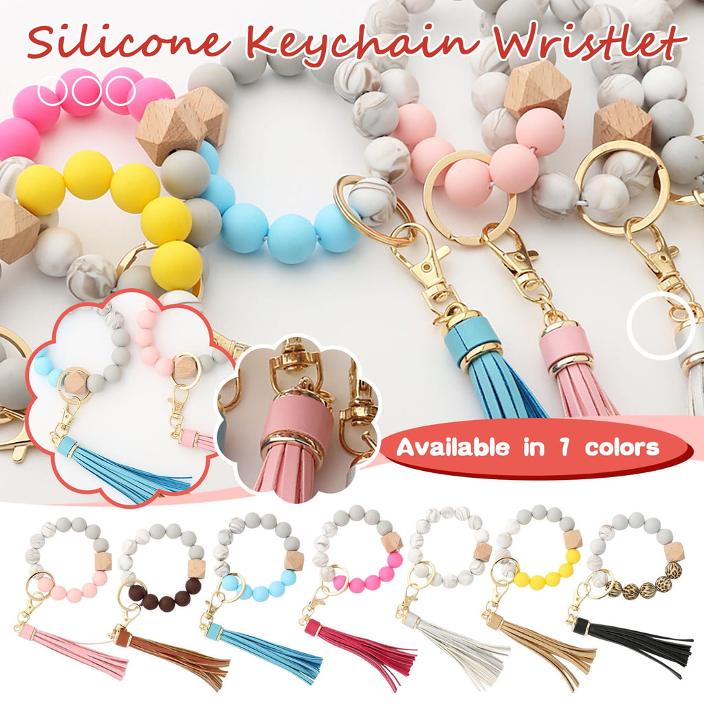 Clearance! JWDX Hanging Ornament Clearance Silicone Key Ring Bracelet, Women Beaded Bangle Keychain Wristlet Leather Tassel B