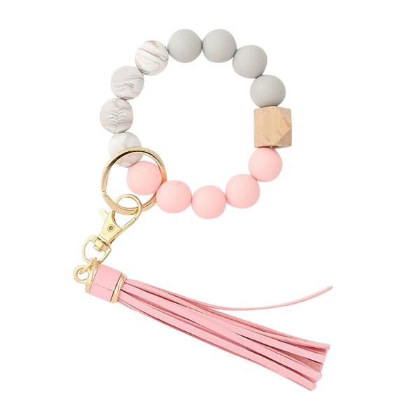Clearance! JWDX Hanging Ornament Clearance Silicone Key Ring Bracelet, Women Beaded Bangle Keychain Wristlet Leather Tassel G
