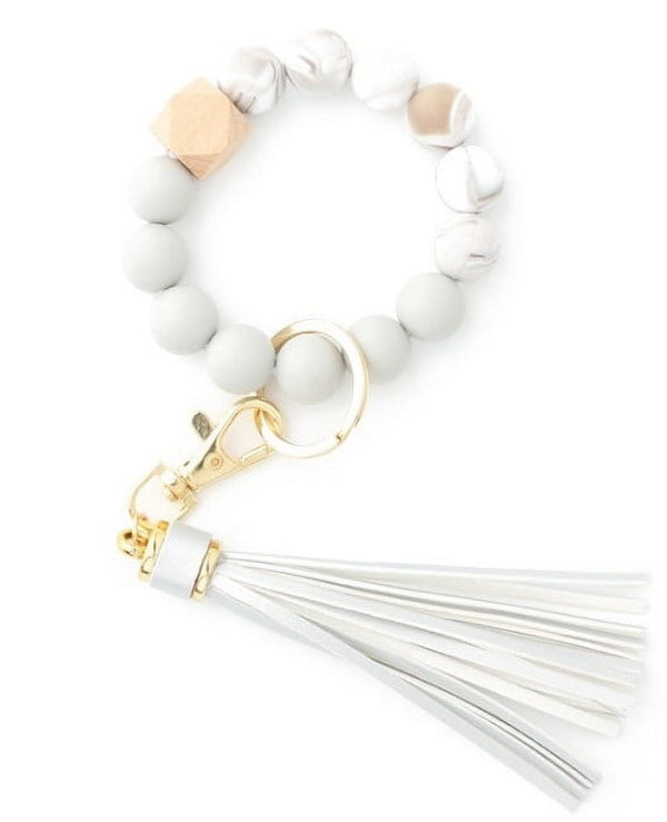 Clearance! JWDX Hanging Ornament Clearance Silicone Key Ring Bracelet, Women Beaded Bangle Keychain Wristlet Leather Tassel White