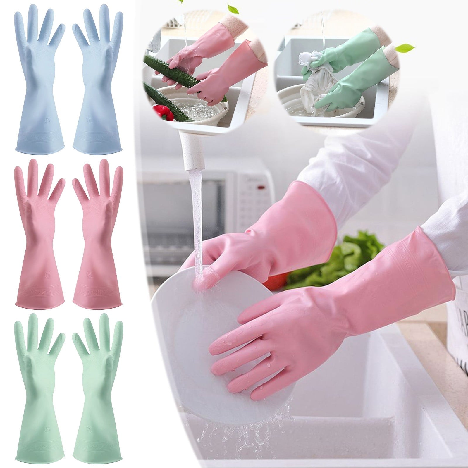 1 Pairs Rubber Gloves for Dishwashing Cleaning, Cotton Lined Household Gloves, Waterproof Gloves for Kitchen Bathroom, Reusable Gloves, Food Grade Non-Slip Household Kitchen Gloves Light blue,M