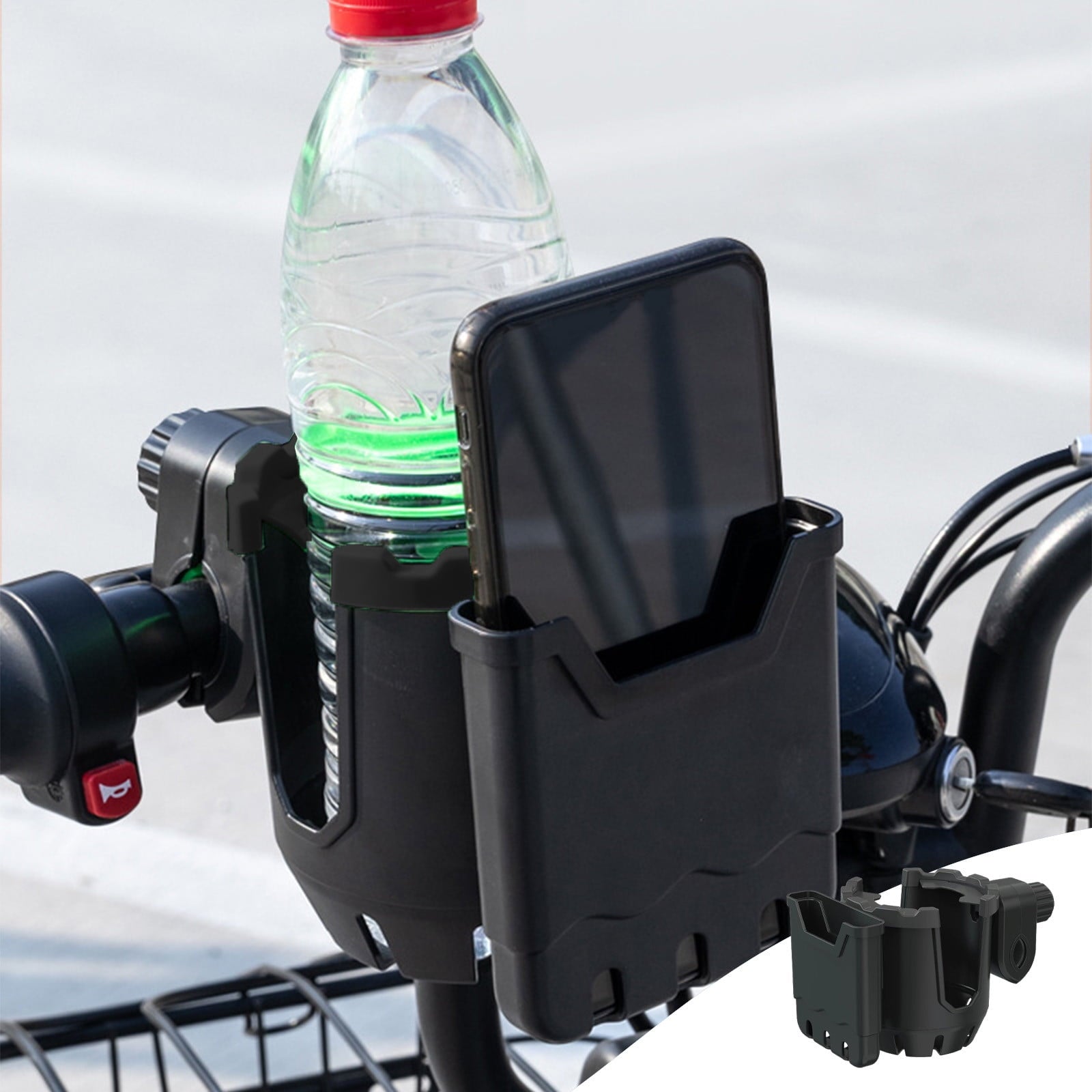 2-in-1 Adjustable Drink Holder,Universal Cup Holder with Cell Phone Holder,Large Diameter Design Bike Cup Holder for Wheelchair Walker Bike Free Size Black