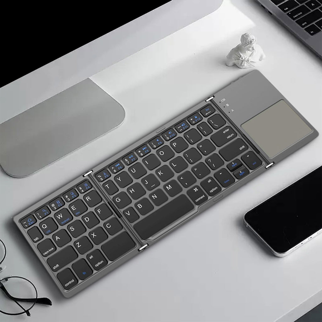 Tri-Folding Bluetooth Keyboard,Wireless Portable Foldable Bluetooth Keyboard for Travel, Keyboard with Touchpad, Rechargeable Multi-Device Small Keyboard for Laptop Tablet PC Smartphone A