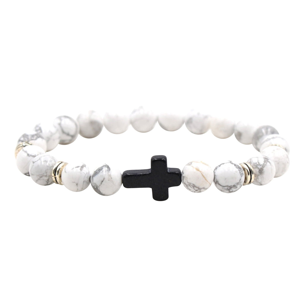 Natural Stone Black Cross Stretch Bracelet Elastic Thread Beaded Unisex Jewelry - One Size Fits Most Wrist, Spiritual Healing Crystal Bead Gift, Black