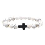 Natural Stone Black Cross Stretch Bracelet Elastic Thread Beaded Unisex Jewelry - One Size Fits Most Wrist, Spiritual Healing Crystal Bead Gift, Black