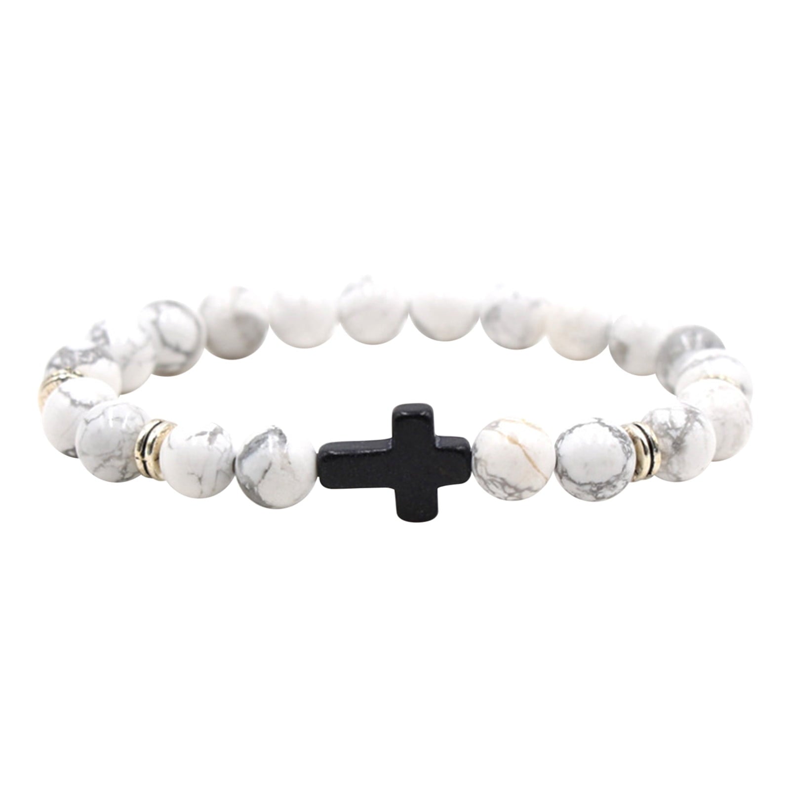 Natural Stone Black Cross Stretch Bracelet Elastic Thread Beaded Unisex Jewelry - One Size Fits Most Wrist, Spiritual Healing Crystal Bead Gift, Black