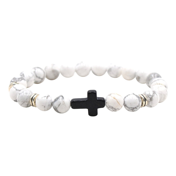 Natural Stone Black Cross Stretch Bracelet Elastic Thread Beaded Unisex Jewelry - One Size Fits Most Wrist, Spiritual Healing Crystal Bead Gift, Black