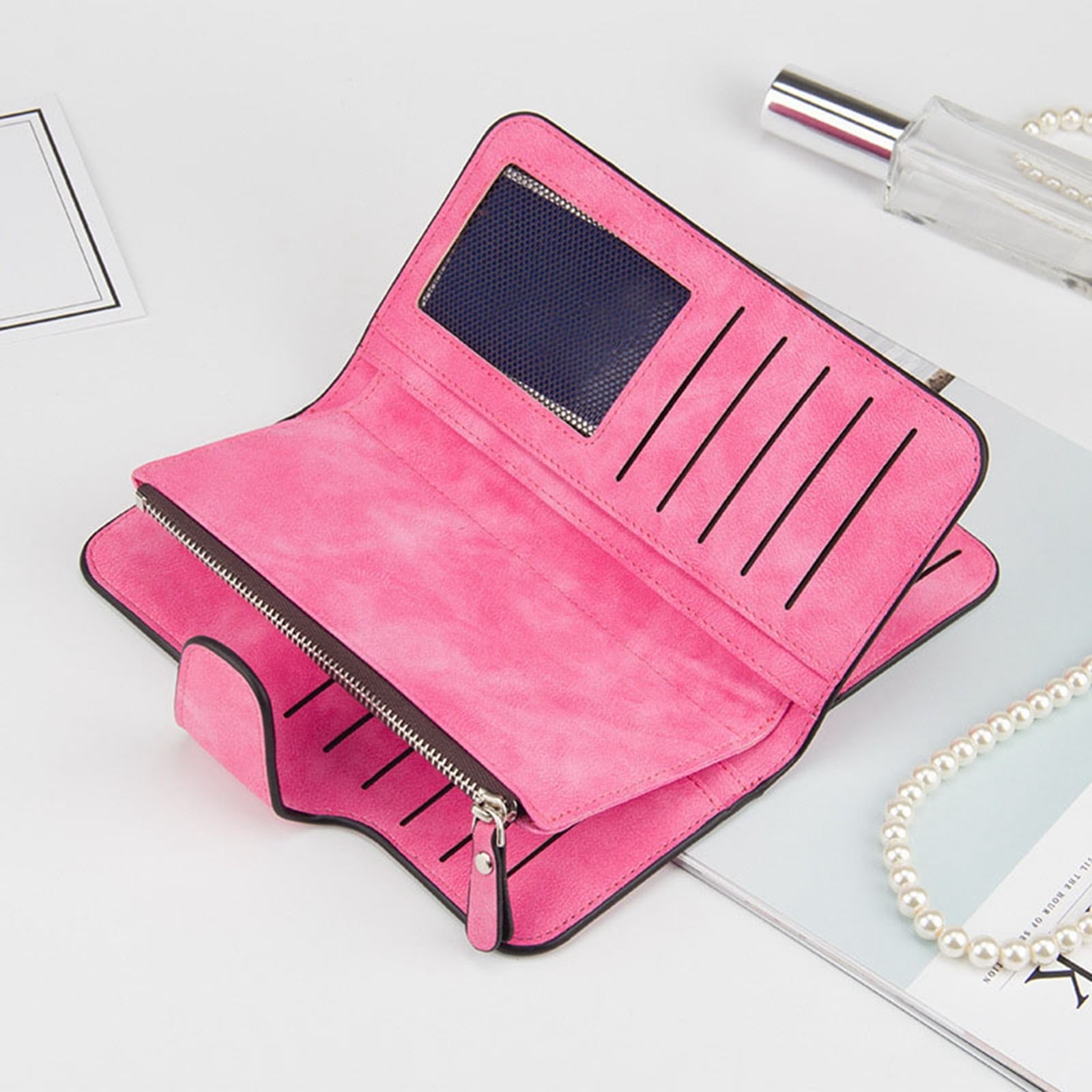 Women's Wallets,Soft Leather Bifold Compact Card Holder Wallet for Women with Zipper, Blocking Leather Clutch Wallet Credit Card Holder, Ladies Travel Wallet Purse,10 Colors(pink) baby blue