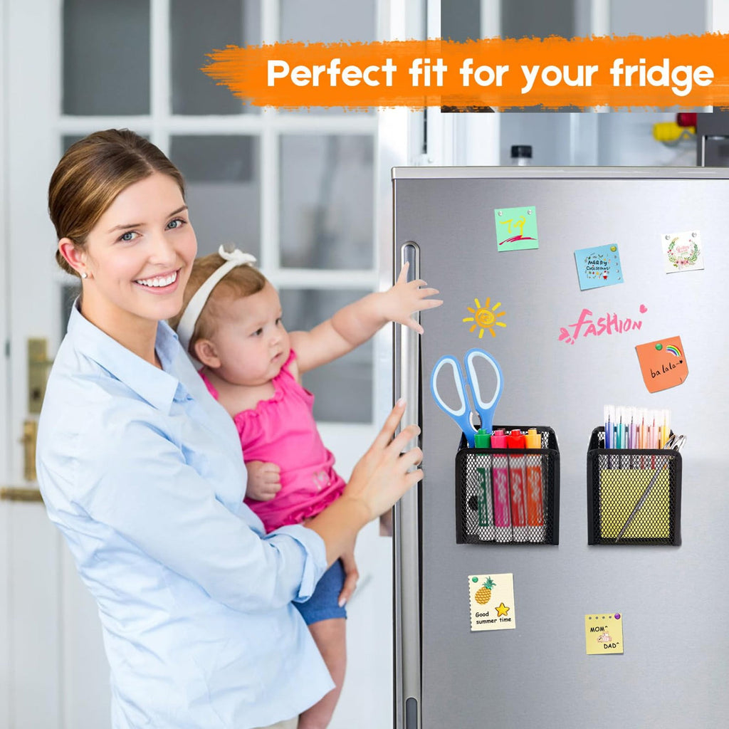 Magnetic Pencil Holder, Magnets Marker Holder, Mesh Storage Basket Organizer with Extra Strong Magnet, Mesh Pen Holder for Refrigerator, Whiteboard, Locker Accessories, Office Supplies, 3.93x3.54x4.9 3.54x3.93x4.92 Black
