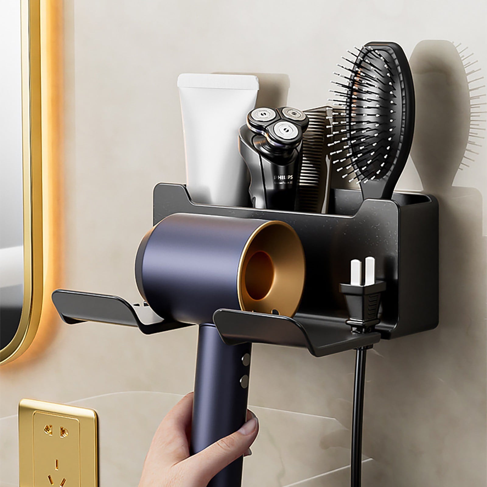 1 Pack Hair Dryer Holder, Wall Mount Self Adhesive Waterproof Blow Dryer Rack Storage Organizer Hanger, Compatible with Most Hair Blower Appliance, Curling Iron, Straightener(Z2-White) Z2-Black