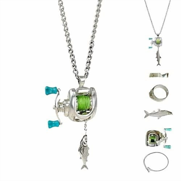 Mini Fishing Reel Necklace with Rotating Handle,Functional Spinning Reel Pendant for Anglers,Movable Line Guide and Keychain Loop,Collectible Gift for Fishing Lovers,Men,or Outdoor Enthusiasts.