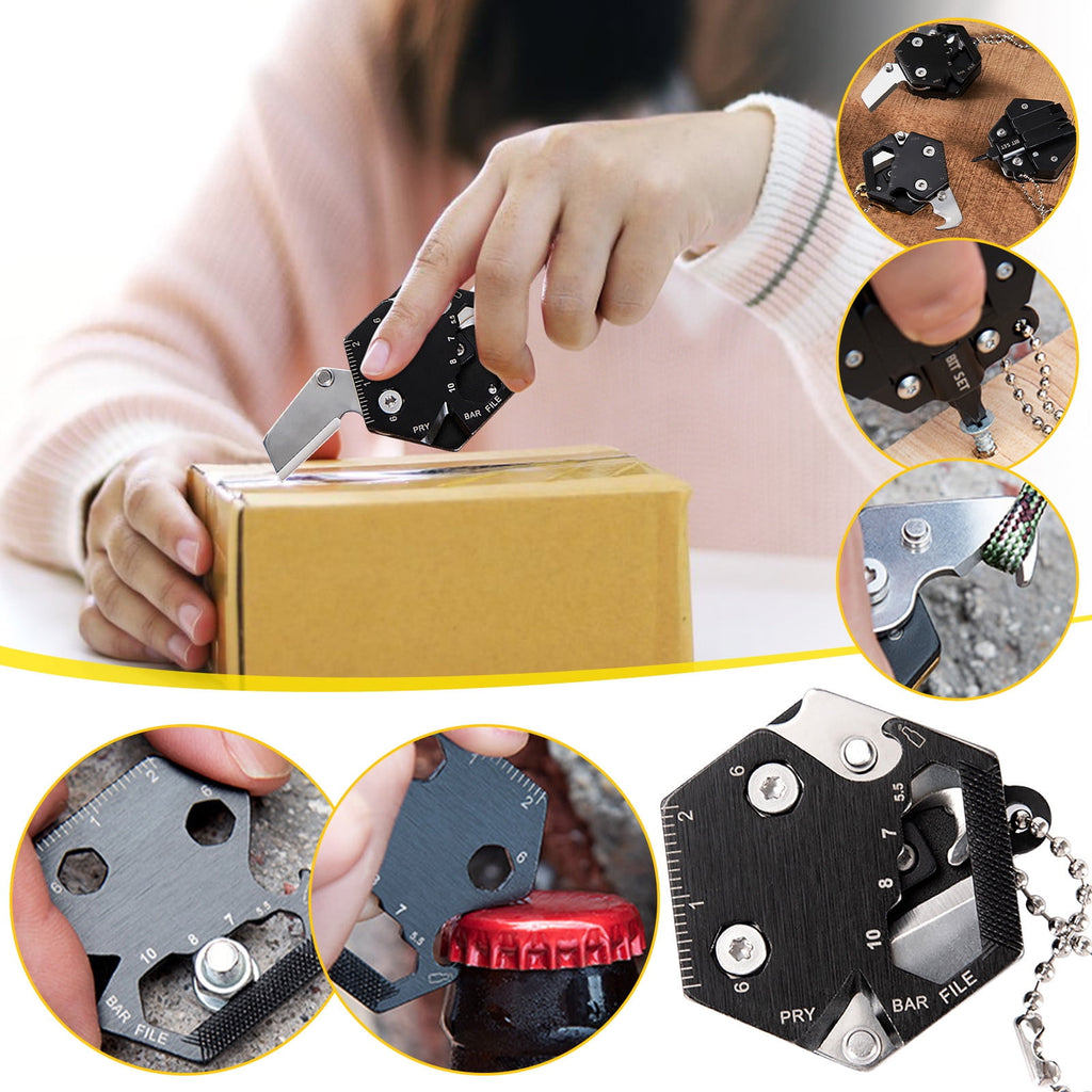 Hexagonal Multitool Keychain,Portable Pocket Tool with Folding Cutter,Screwdriver Set,Bottle Opener for Outdoor Hiking,Camping,Emergency Seat Belt Cutter,Small Fashion Keychain Tool