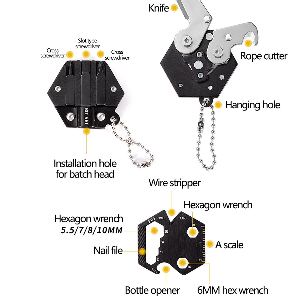Hexagonal Multitool Keychain,Portable Pocket Tool with Folding Cutter,Screwdriver Set,Bottle Opener for Outdoor Hiking,Camping,Emergency Seat Belt Cutter,Small Fashion Keychain Tool