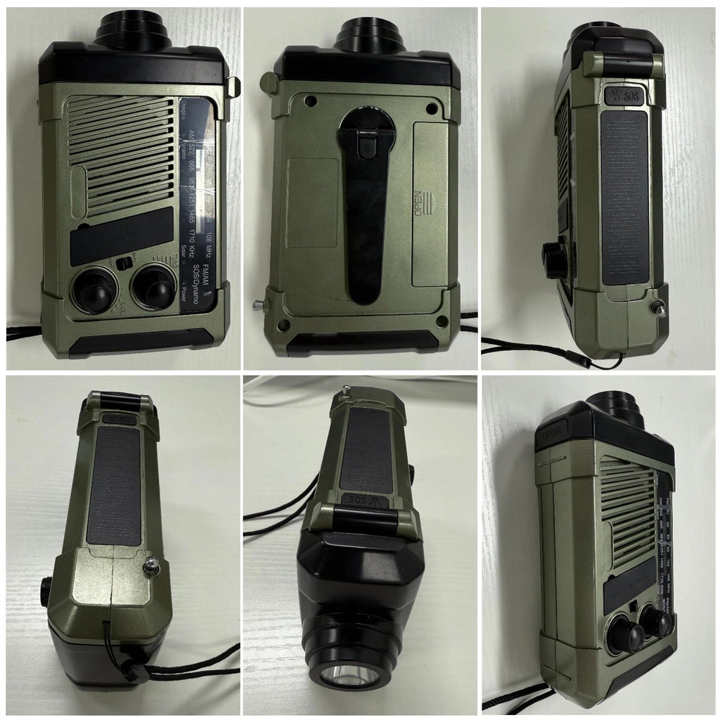 Wind-up Radio - Solar Radio - World Receiver - Portable Radio - Flashlight with Dynamo - Powerbank Function - Camping Radio - Outdoor Gadgets - Rechargeable Flashlight - USB Charger - FM AM Receiver - Hiking - Green - 1 Piece