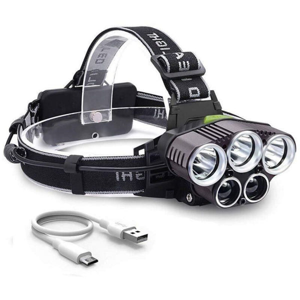 Rechargeable Headlamp 5 LED USB Head Torch 6 Modes Black