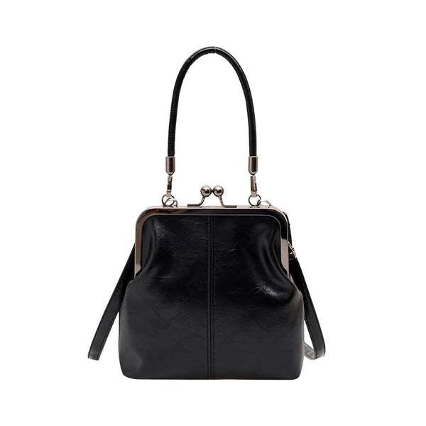Retro Handbag for Women - Leather Shoulder Bag Evening Clutch Crossbody Purse with Kiss Lock Black