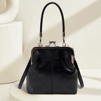 Retro Handbag for Women - Leather Shoulder Bag Evening Clutch Crossbody Purse with Kiss Lock Black