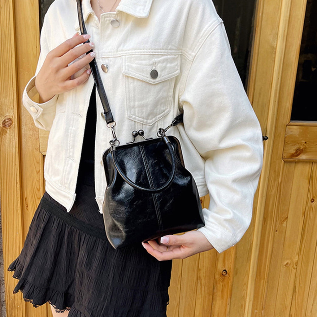 Retro Handbag for Women - Leather Shoulder Bag Evening Clutch Crossbody Purse with Kiss Lock Black