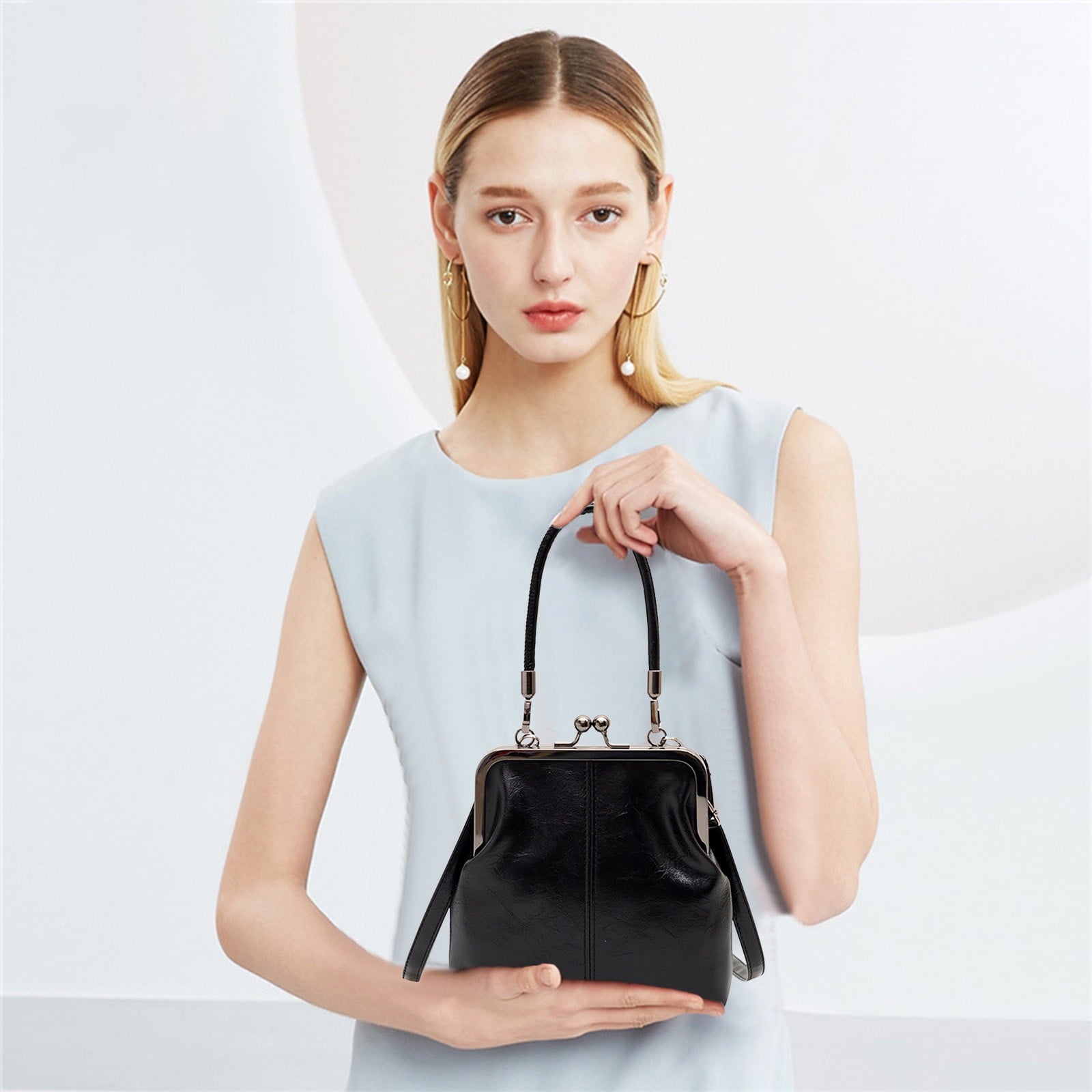 Retro Handbag for Women - Leather Shoulder Bag Evening Clutch Crossbody Purse with Kiss Lock Black