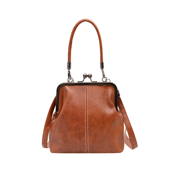 Retro Handbag for Women - Leather Shoulder Bag Evening Clutch Crossbody Purse with Kiss Lock Brown