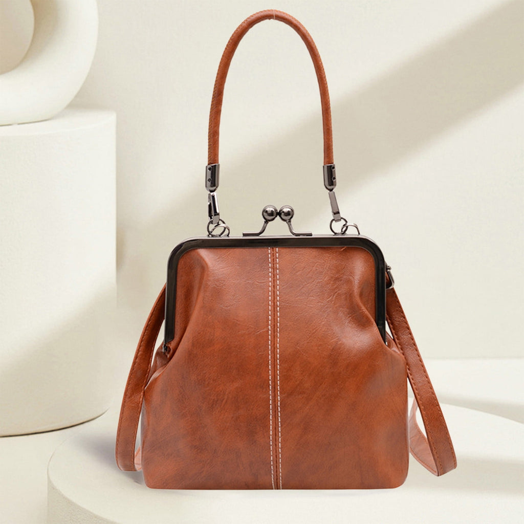 Retro Handbag for Women - Leather Shoulder Bag Evening Clutch Crossbody Purse with Kiss Lock Brown